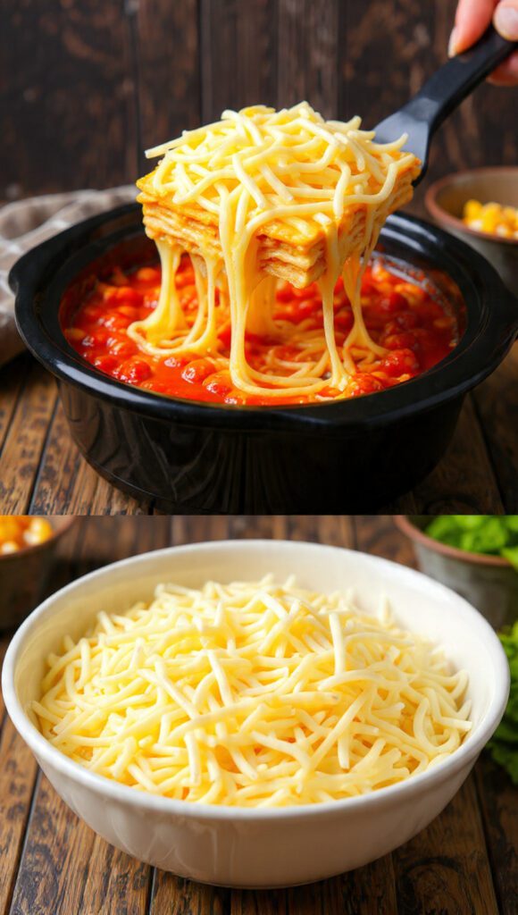 Two servings of the lasagna. One is a wide shot of a slice of the thick, moist lasagna being lifted from the slow cooker with a spatula. The other is an extreme close-up of a portion of the lasagna in a bowl, showing the creamy, layered texture and abundance of cheese.
