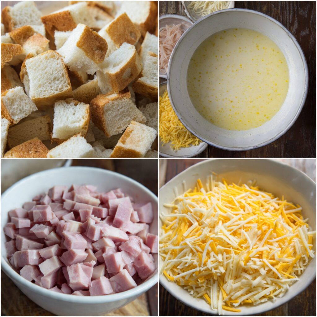 A collage showing the raw ingredients ready for layering: cubed bread, diced ham, shredded cheese, and a bowl of whisked eggs and milk.