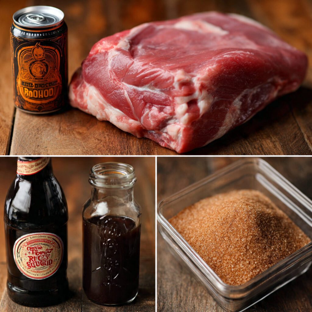 A collage showing the raw ingredients: a pork shoulder, a can of root beer, a bottle of BBQ sauce, and a container of brown sugar.