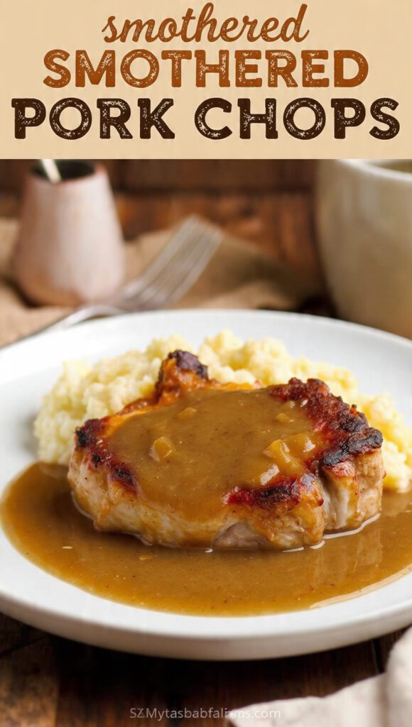 A close-up of a perfectly seared, tender smothered pork chop covered in rich onion gravy, with "SMOTHERED PORK CHOPS" as a prominent text overlay.