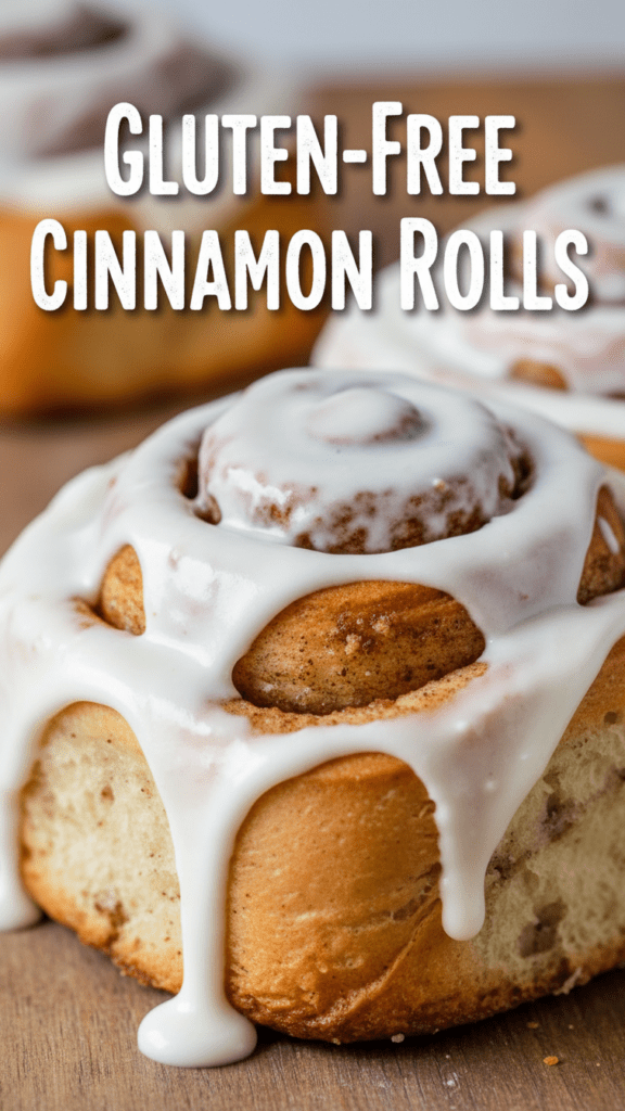 A tray of warm gluten-free cinnamon rolls with melting cream cheese frosting