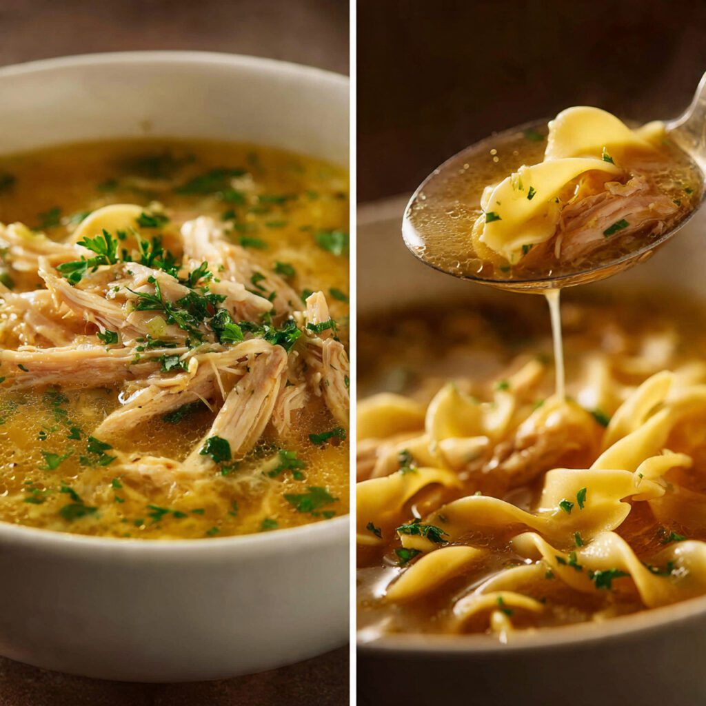 A close-up of the chicken noodle soup in a bowl, showing the rich broth and shredded chicken