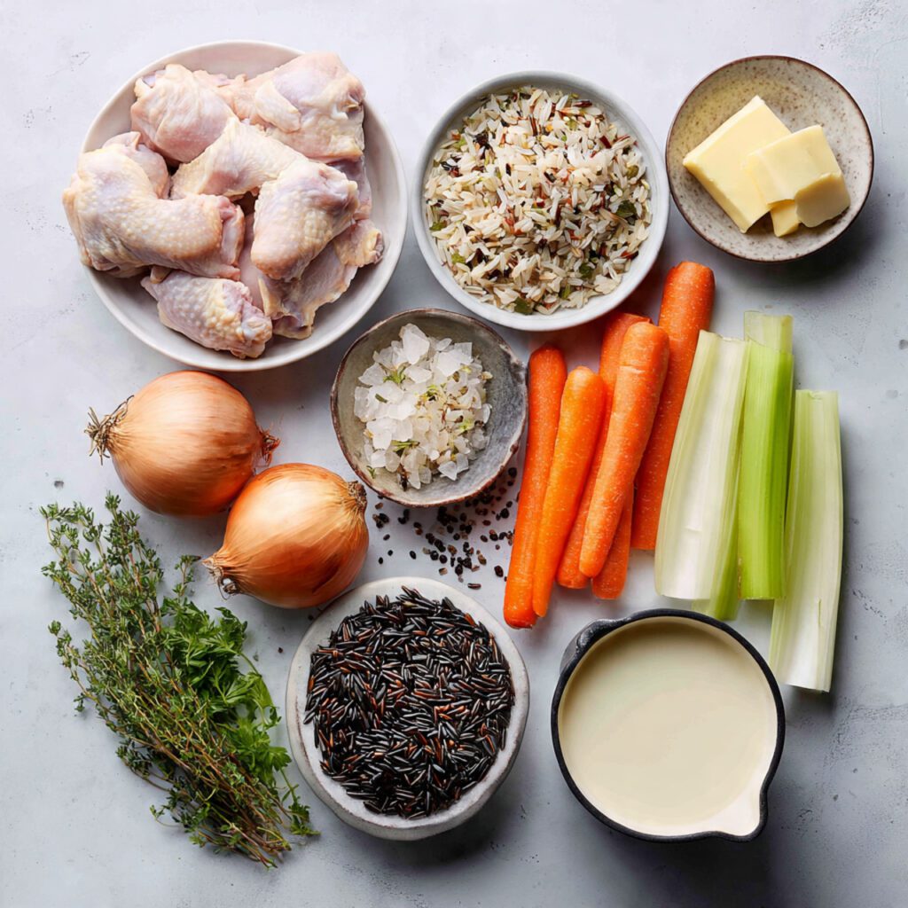 A bright, organized flat lay collage of all raw ingredients: raw chicken pieces, a small pile of dry wild rice, chopped carrots, celery sticks, a whole onion, a stick of butter, a carton of heavy cream, and fresh herbs. Ingredients are neatly grouped on a light-colored kitchen countertop.