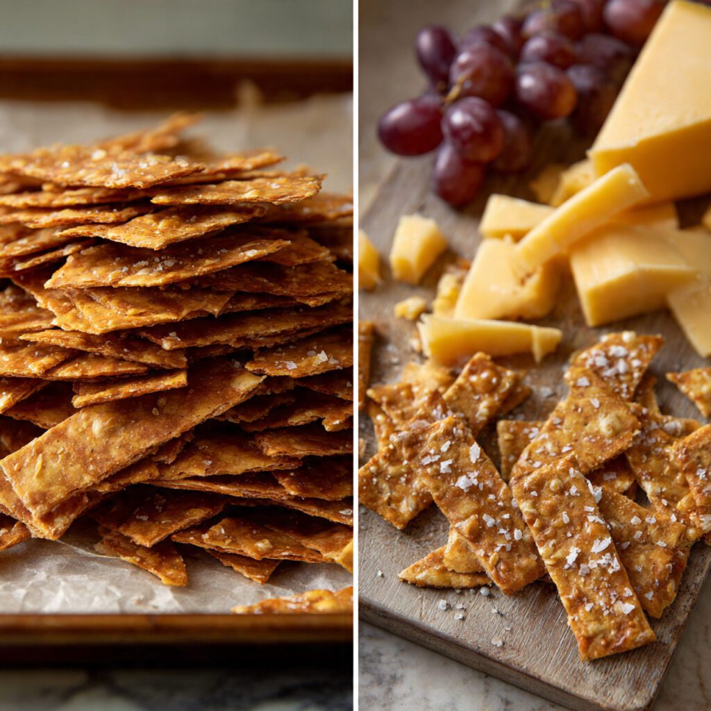 A cheese board featuring the thin, crisp sourdough discard crackers with cheese and grapes.