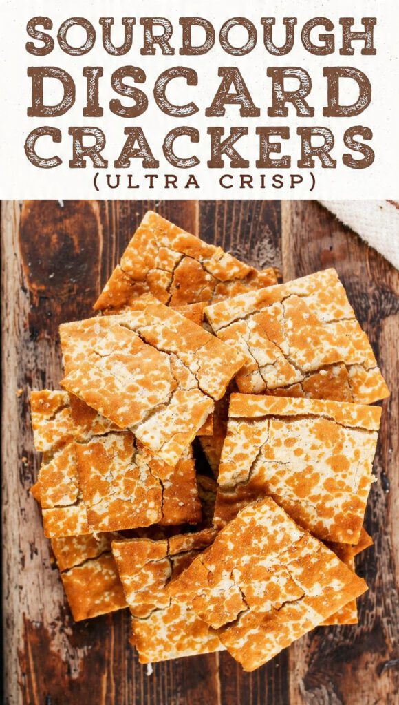 Close-up of a pile of ultra-crispy sourdough discard crackers sprinkled with herbs and salt