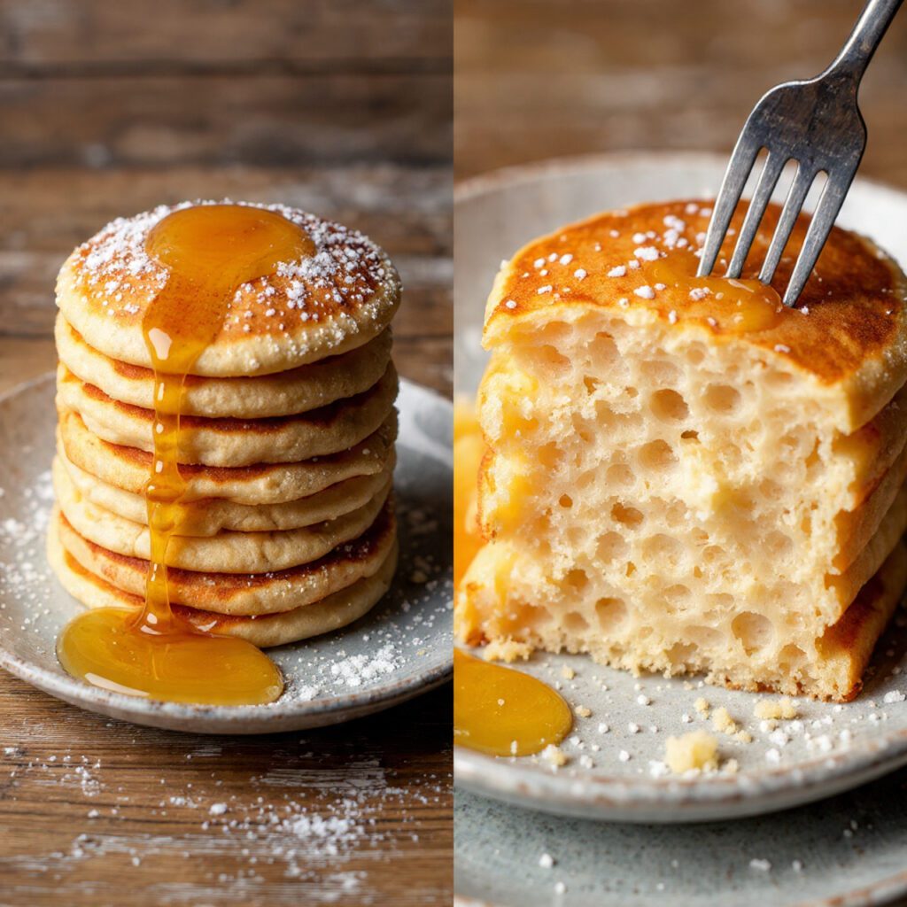 A close-up of a cut sourdough pancake showing the interior air pockets and tenderness.