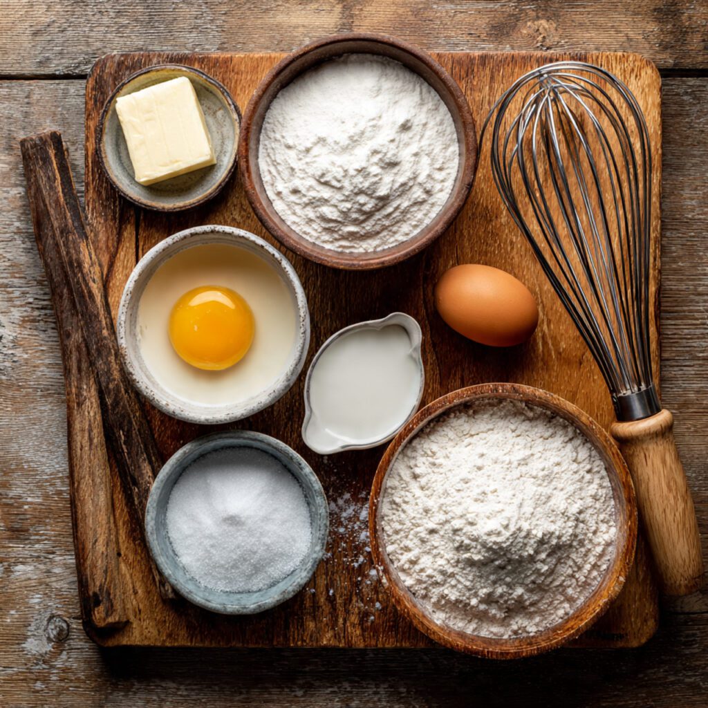 A flat lay collage showing ingredients: sourdough discard, flour, milk, egg, melted butter, and baking soda.