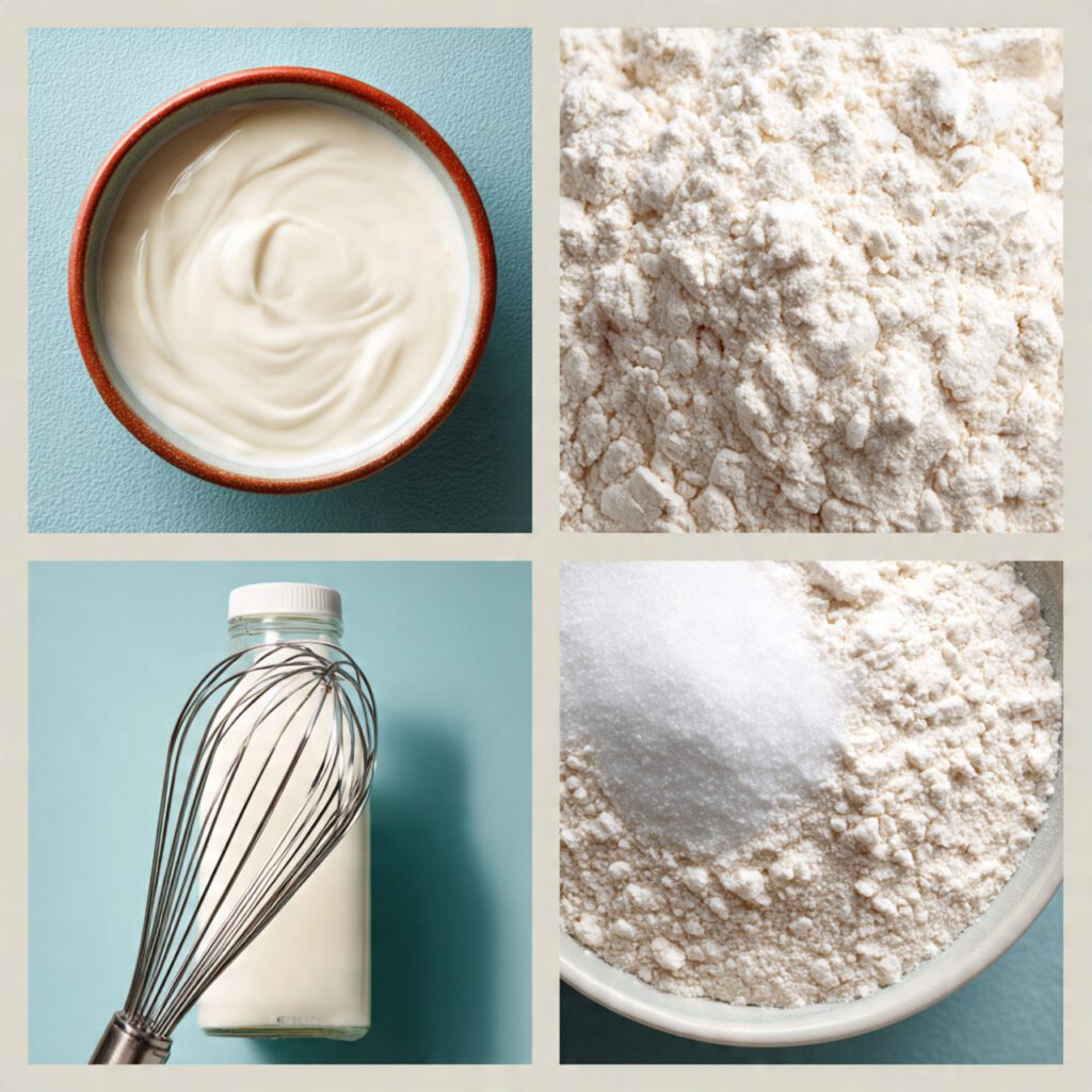 A collage showing the essential ingredients: a bowl of sourdough discard, a carton of milk, a bowl of dry ingredients (flour, sugar), and a whisk.