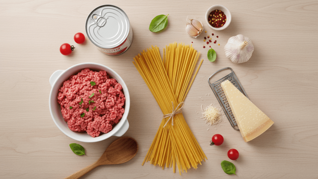 A collage of spaghetti noodles, ground beef, San Marzano tomatoes, fresh garlic, and parmesan.