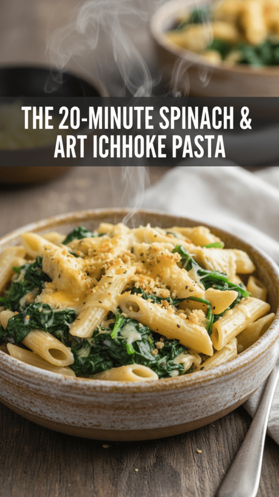 A top-down shot of a glossy bowl of creamy spinach and artichoke pasta with red pepper flakes.