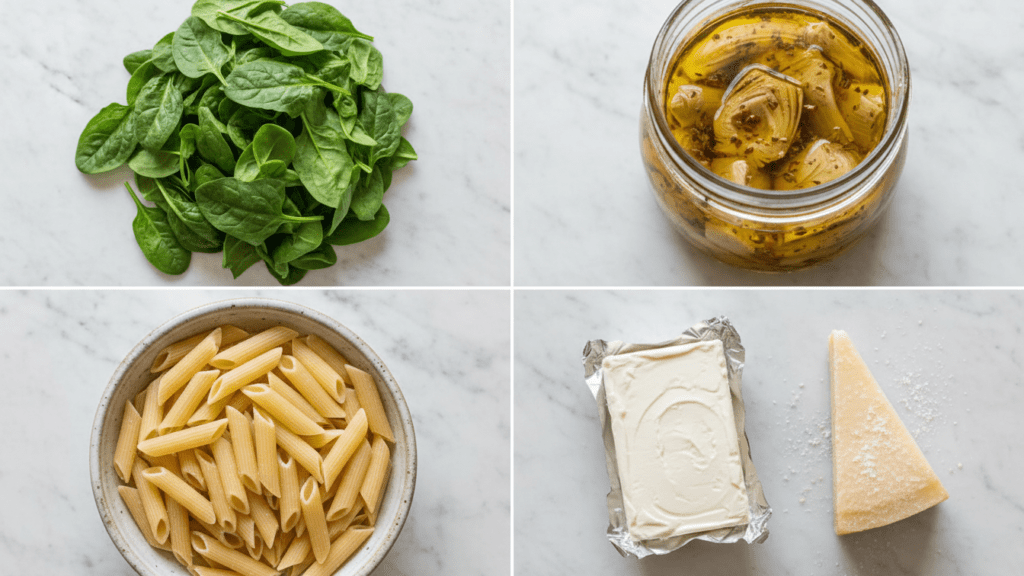 A collage showing fresh spinach, jarred artichokes, heavy cream, and penne pasta.