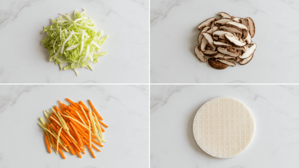 A collage showing napa cabbage, shiitake mushrooms, julienned carrots, and spring roll wrappers