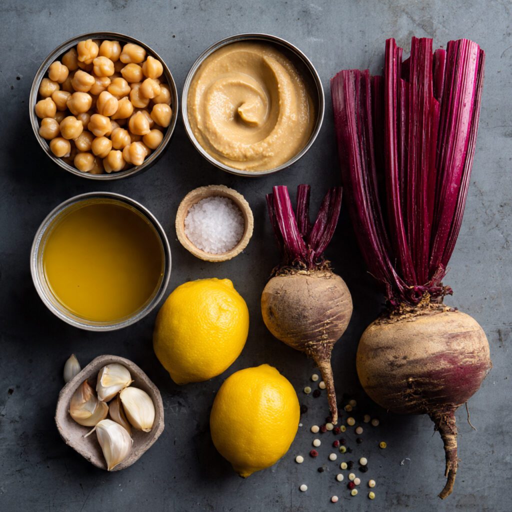 A collage showing the essential ingredients: canned chickpeas, tahini, a whole roasted striped beet (Chioggia), lemon halves, and a small pile of garlic cloves.