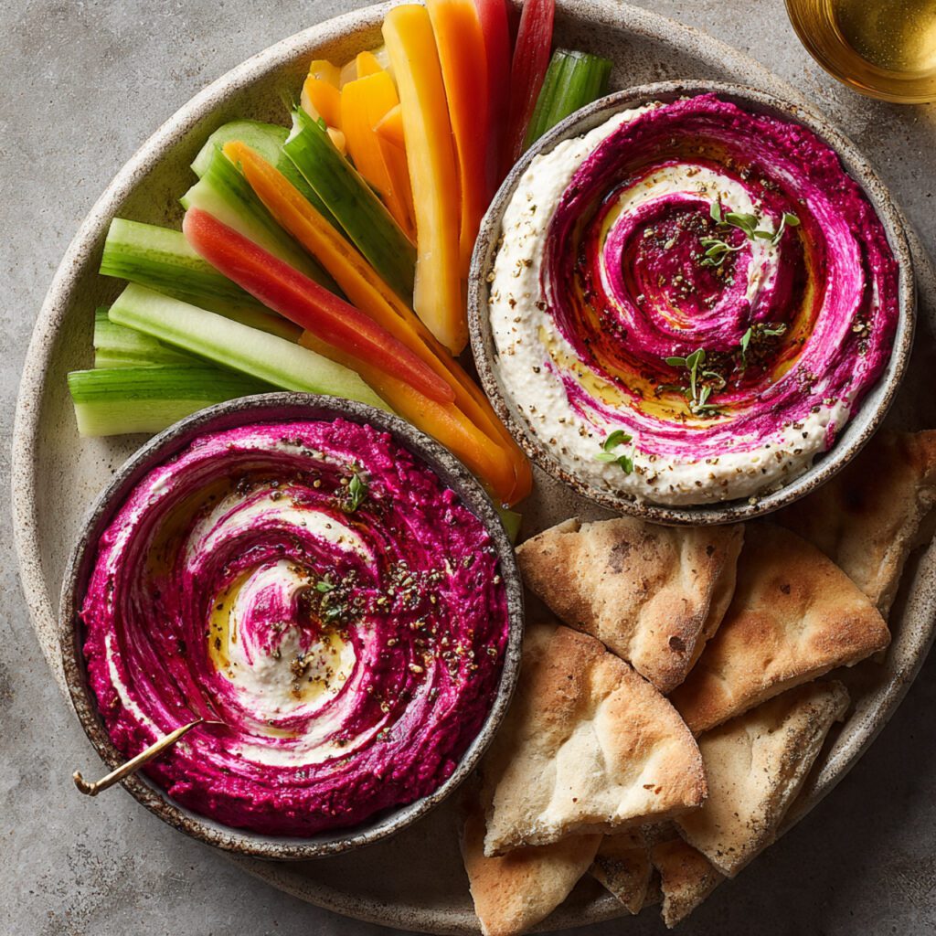 Two servings of the hummus. One is a wide shot of a serving platter with the swirled hummus and an array of colorful vegetable sticks and pita bread. The other is an extreme close-up of a spoon scooping the creamy, perfectly swirled magenta and white dip.