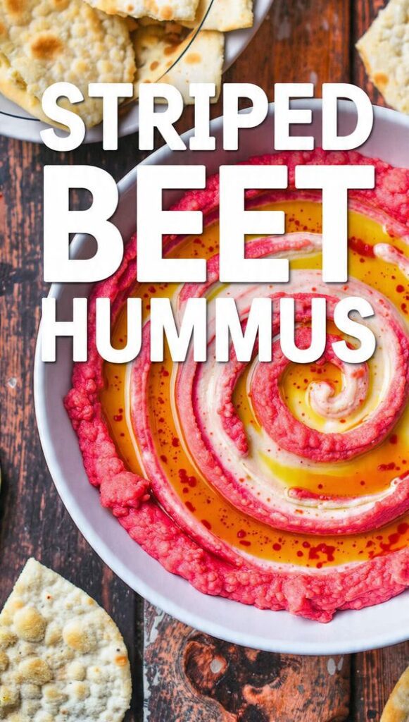 Overhead close-up shot of a bowl of Striped Beet Hummus with distinct swirling ribbons of creamy white and vibrant magenta/pink, drizzled with olive oil and topped with pine nuts. The text overlay reads: "STRIPED BEET HUMMUS"