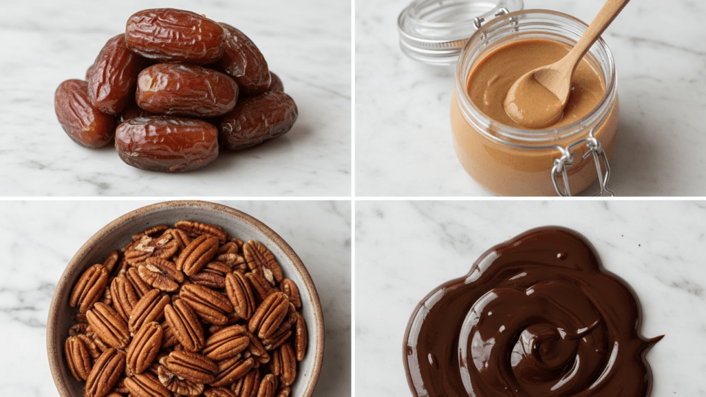 A collage showing Medjool dates, almond butter, pecans, and dark chocolate.