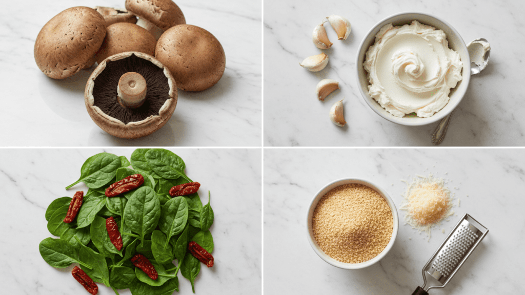 A collage showing fresh portobello caps, cream cheese, garlic, spinach, and panko.