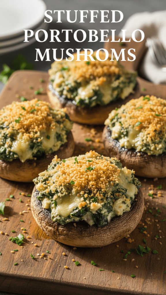 A top-down shot of four cheesy stuffed portobello mushrooms on a baking sheet with a text overlay of the main keyword.
