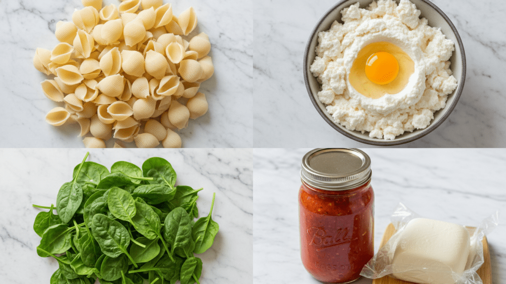 A collage showing jumbo pasta shells, ricotta cheese, fresh spinach, and marinara sauce.