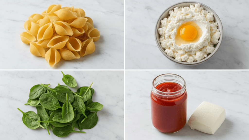 A collage showing jumbo pasta shells, ricotta cheese, fresh spinach, and marinara sauce.