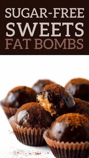 A close-up of dark chocolate peanut butter fat bombs in mini cupcake liners, with "SUGAR-FREE SWEETS" as a prominent text overlay.