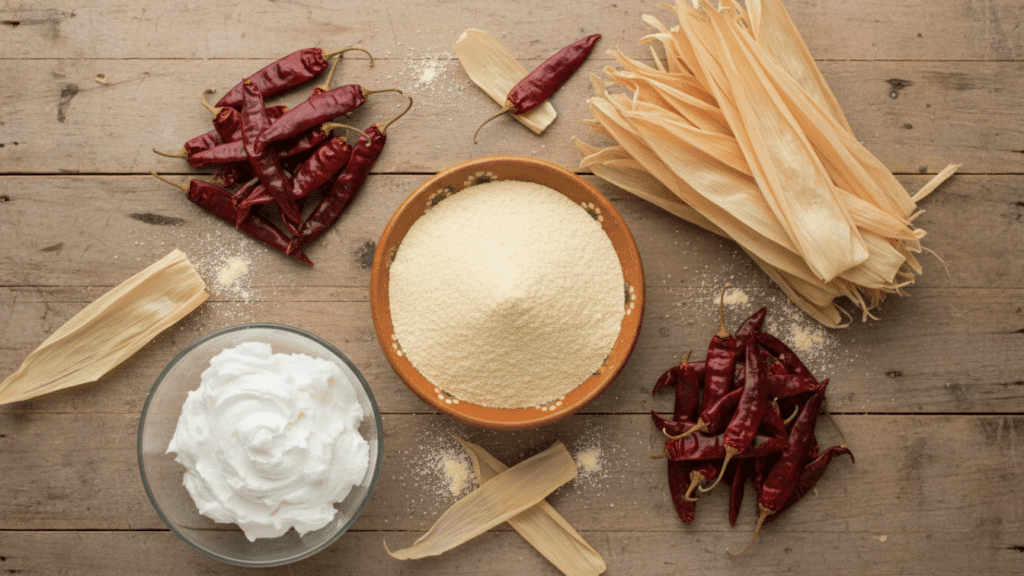 Collage of masa harina, corn husks, lard, and dried chilies