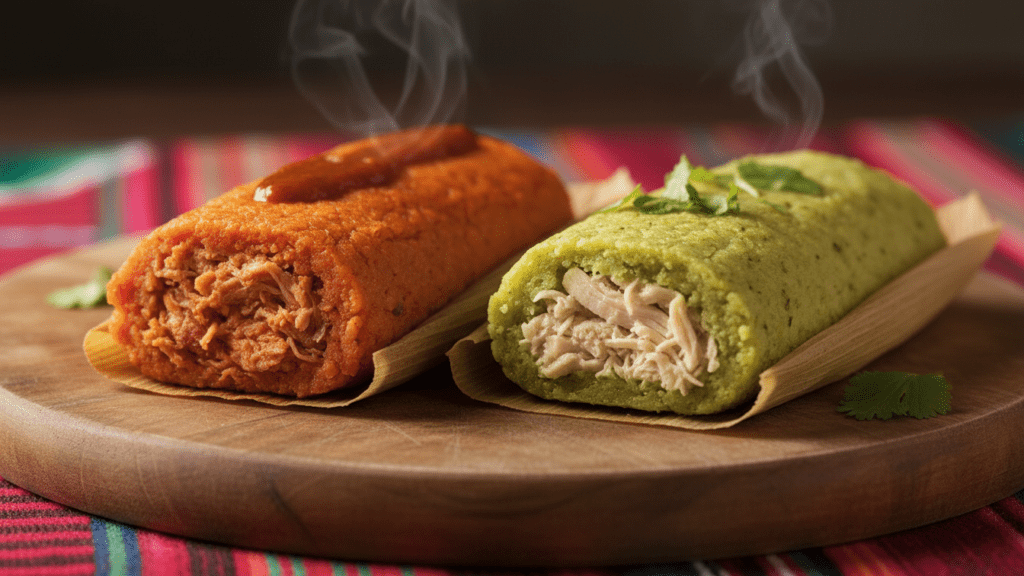 Two types of tamales, one red pork and one green chicken.