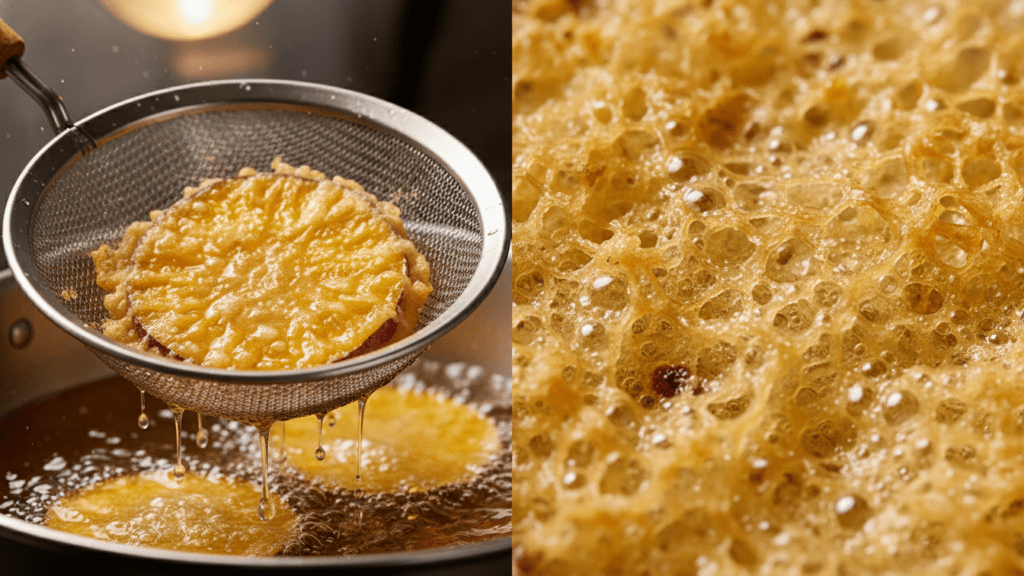 Close-up of a sweet potato being lifted out of hot oil with a spider strainer.