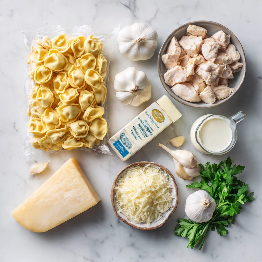 A clean flat lay collage of all raw ingredients: tortellini package, chicken breast, butter, heavy cream, garlic cloves, fresh Parmesan, and parsley.