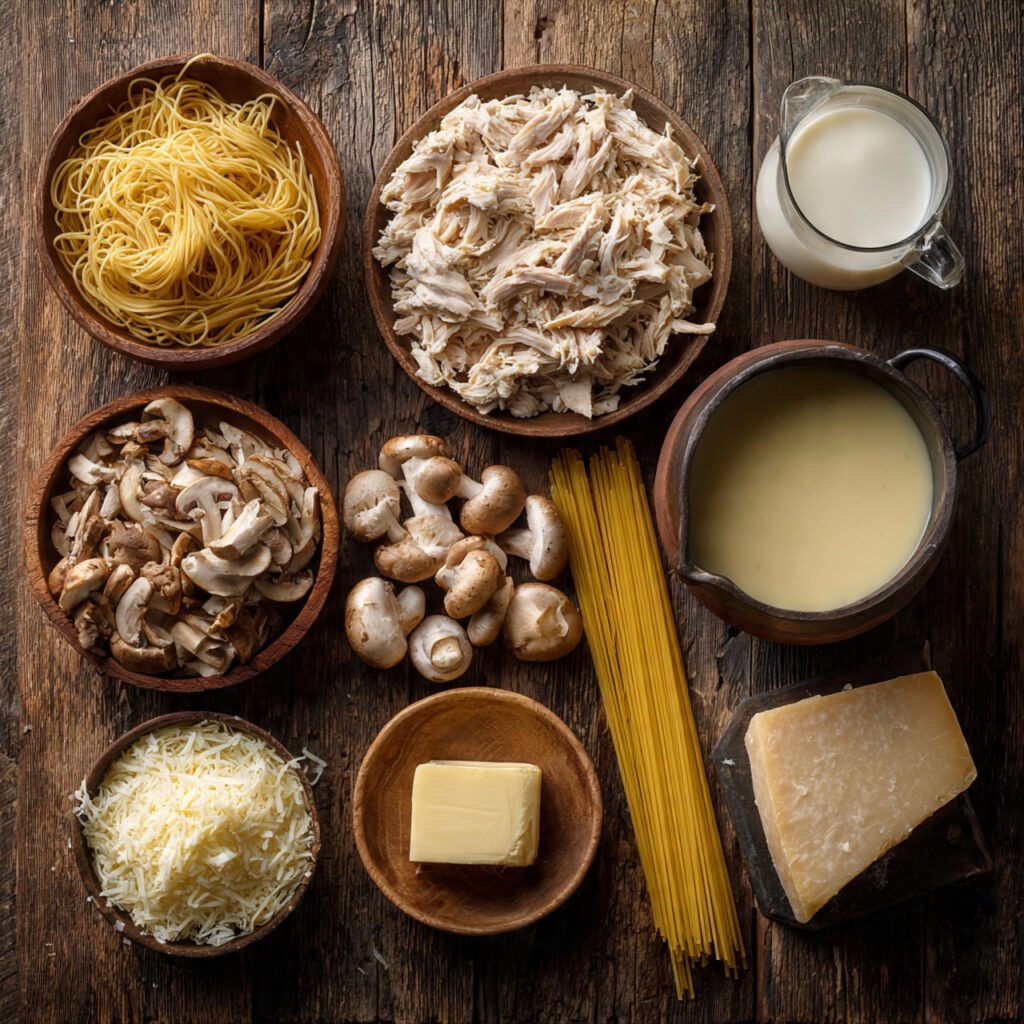 A visually organized flat lay collage of all the fresh ingredients for chicken tetrazzini, including shredded chicken, uncooked spaghetti, fresh mushrooms, Parmesan cheese, and heavy cream.