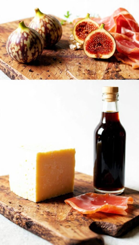 A collage showing the raw ingredients: whole Tiger Stripe Figs, a log of goat cheese, thin slices of prosciutto, and a bottle of balsamic glaze.