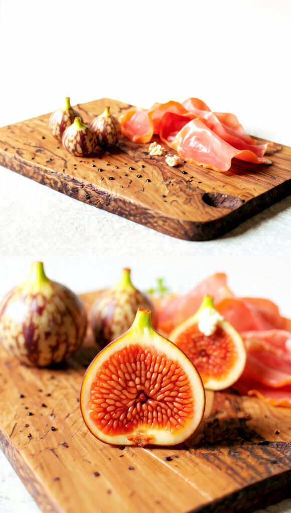 Two servings of the appetizer. One is a wide shot of an elegant wood board completely covered in the figs, cheese, and meat. The other is an extreme close-up of a single fig half, topped with a dab of goat cheese and a drizzle of balsamic glaze.