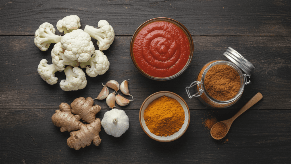 raw ingredients for making a healthy vegetable tikka masala curry.