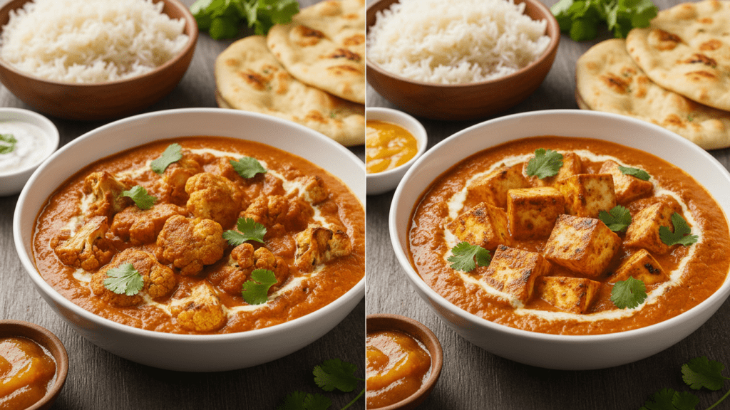 Two different versions of vegetable tikka masala including a paneer option.