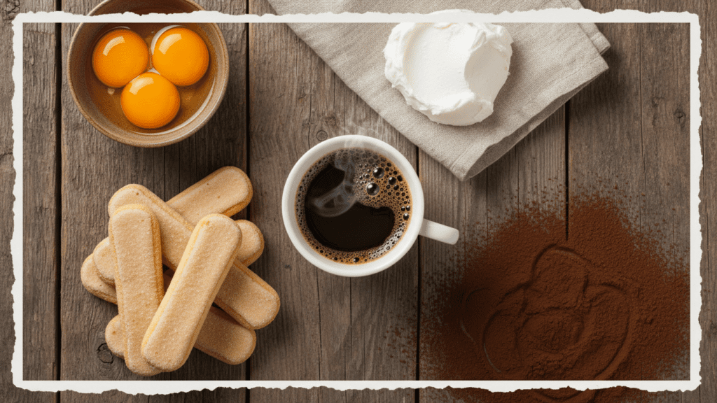 Raw ingredients for making a healthy authentic Italian tiramisu.