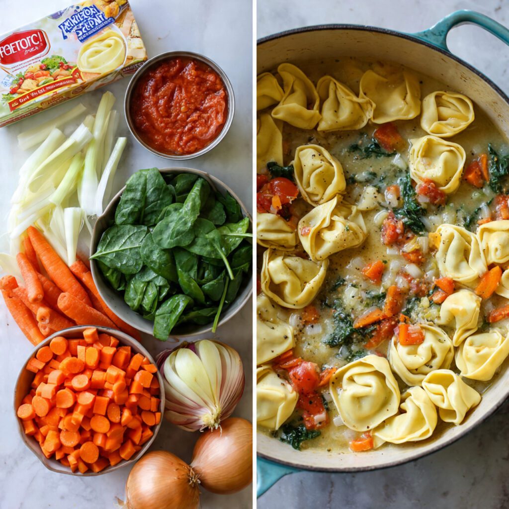 Collage of key ingredients for creamy tortellini soup including fresh tortellini, heavy cream, broth, tomatoes, and spinach.