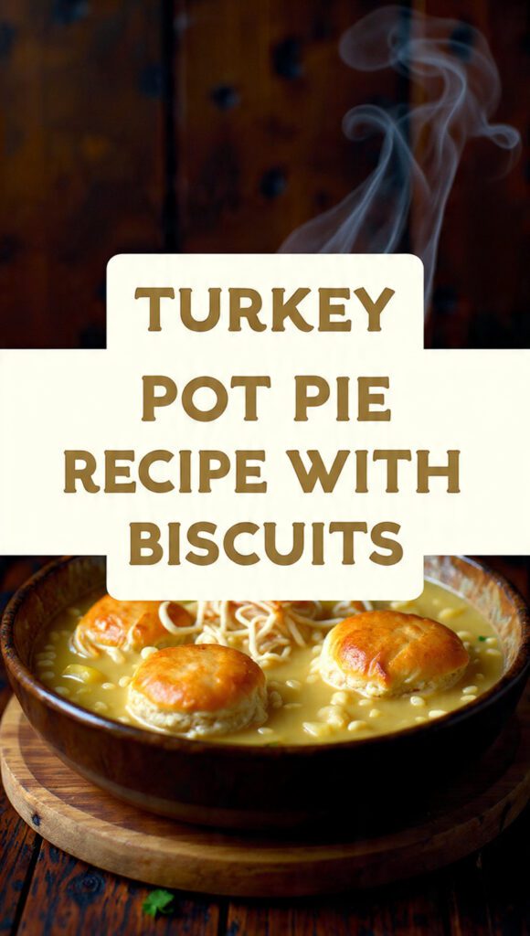 Vertical photo of a bubbling turkey pot pie topped with golden biscuits with a text overlay of the recipe name.