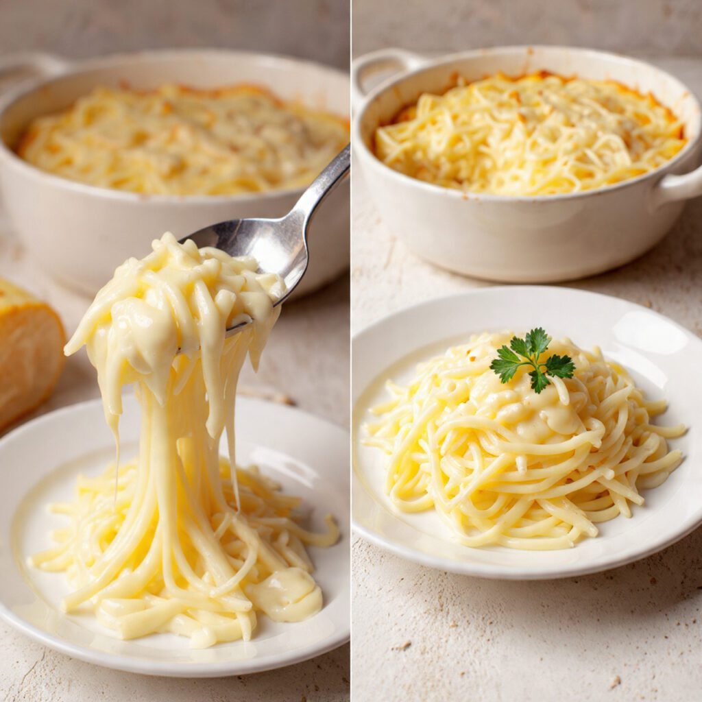 A diptych showing two views of the finished dish: a close-up scoop from the casserole and a full serving on a dinner plate garnished with fresh parsley.
