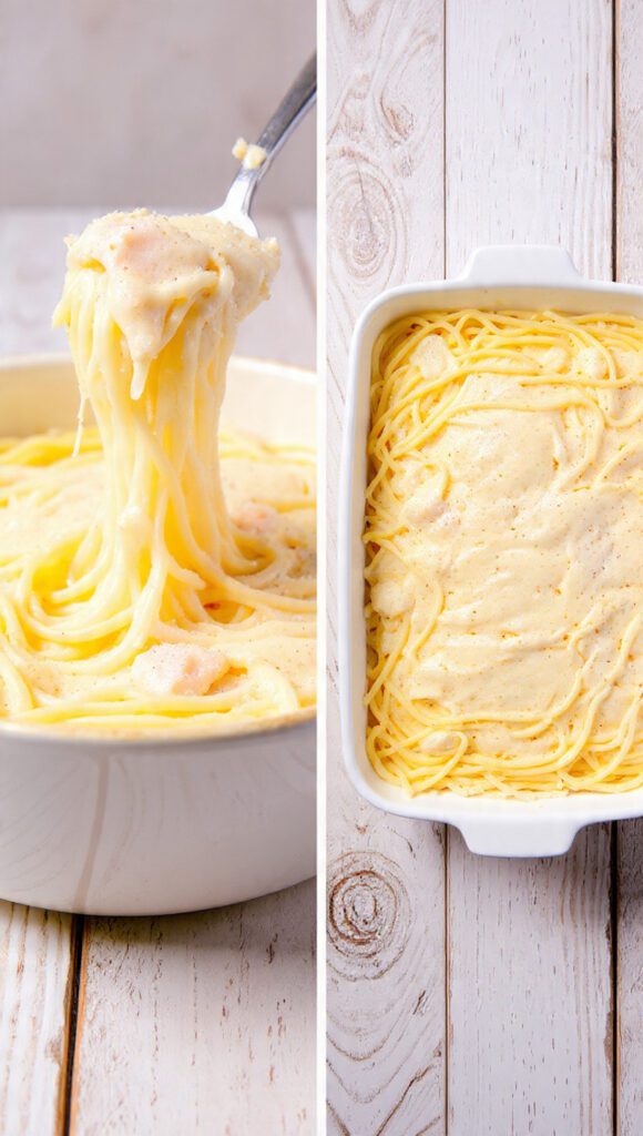 A diptych showing two views of the finished dish: a close-up scoop of the creamy pasta and a full casserole dish ready for serving.