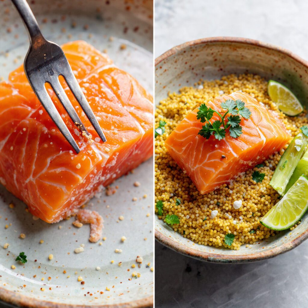 A diptych showing two views of the finished dish: a close-up fork lifting a piece of salmon with the crust, and a full bowl served with fresh herbs.