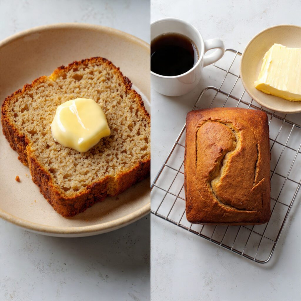 A diptych showing two views of the finished bread: a close-up slice slathered with butter, and a full, domed loaf on a cooling rack with a cup of coffee.