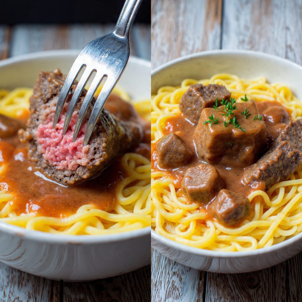A diptych showing two views of the finished dish: a close-up fork lifting a tender beef tip and a full bowl of the beef tips and gravy served over egg noodles.