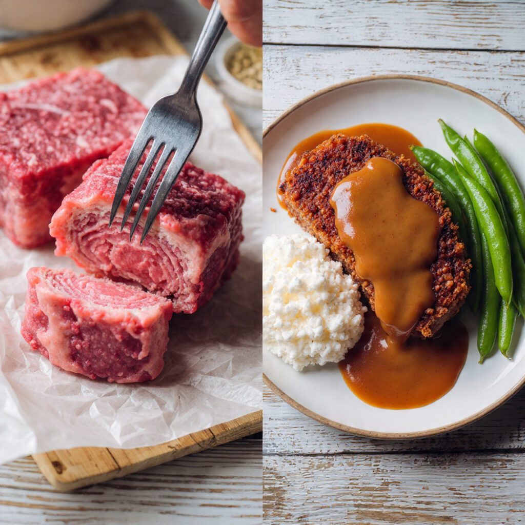 A diptych showing two views of the finished dish: a close-up fork cutting into the crispy crust and a full plate served with mashed potatoes and green beans.
