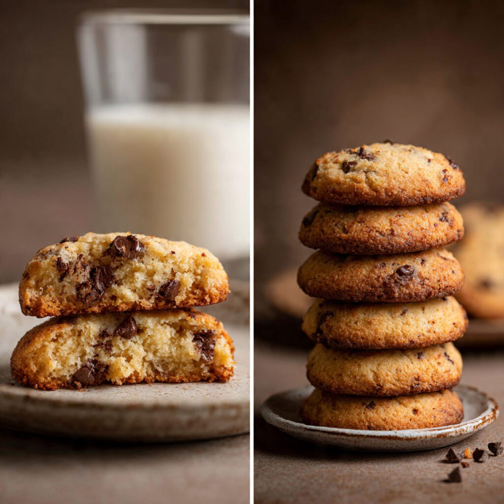 A diptych showing two variants: a close-up cross-section of a soft cottage cheese cookie and a stack of the cookies on a rustic plate.