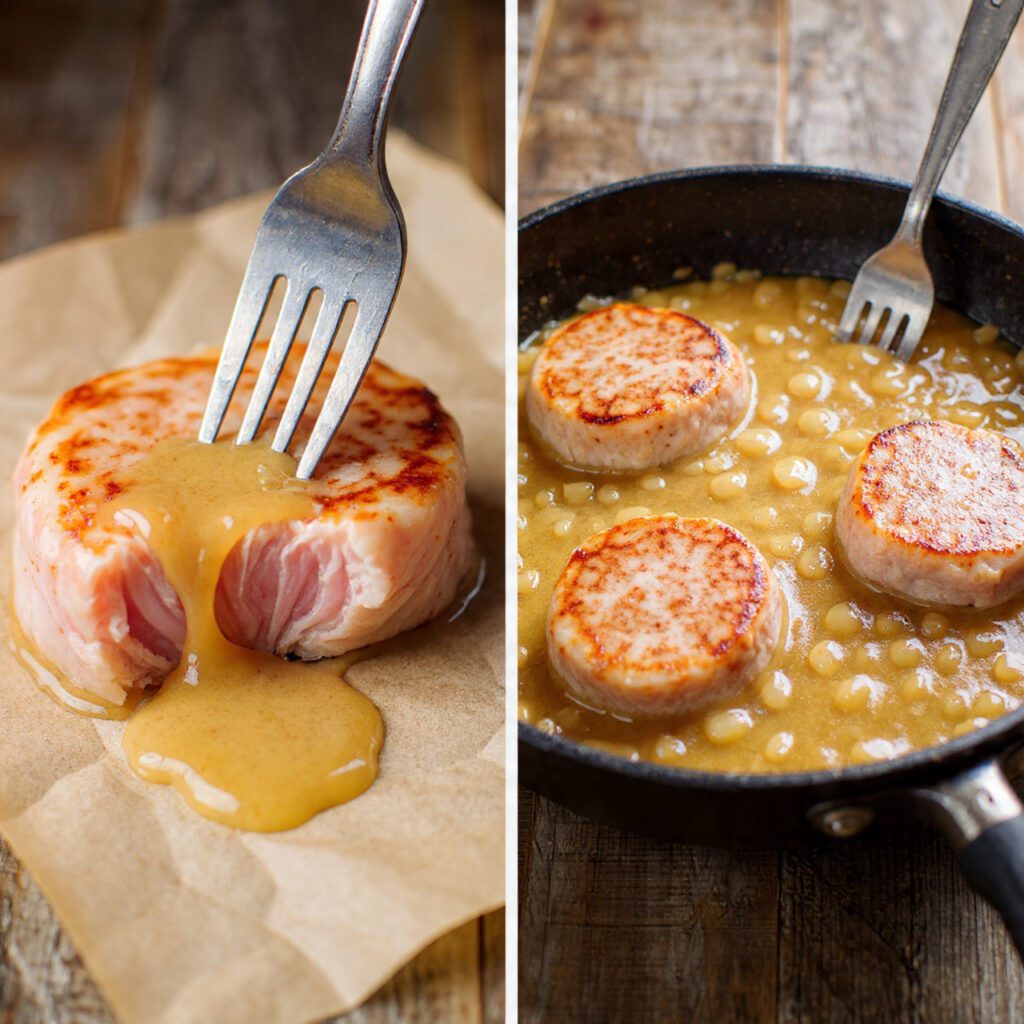 A diptych showing two views of the finished dish: a close-up fork cutting into a tender pork chop with gravy, and a full skillet of the finished smothered pork chops.