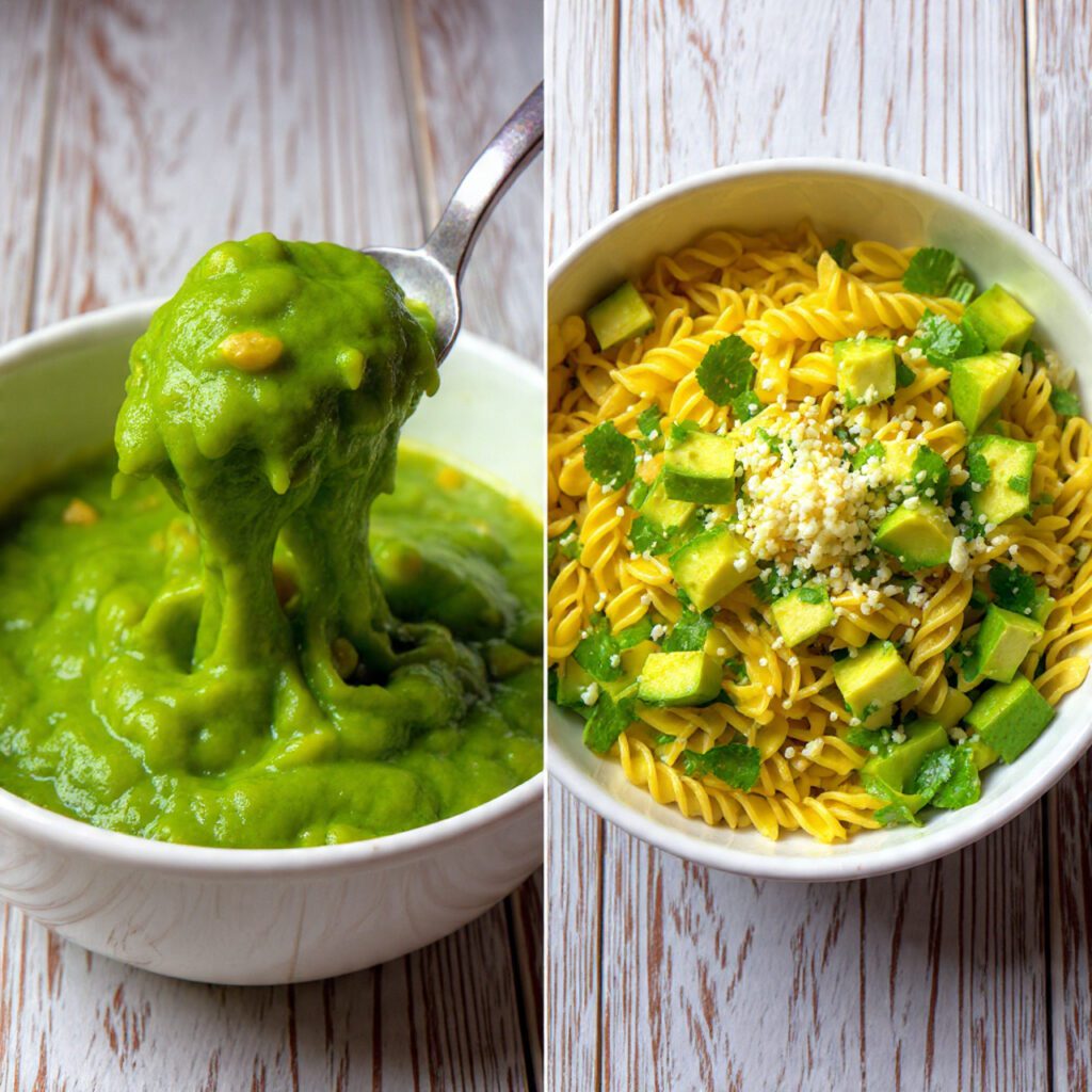 A diptych showing two views of the finished dish: a close-up scoop of the creamy pasta and a full bowl topped with avocado and Cotija cheese.