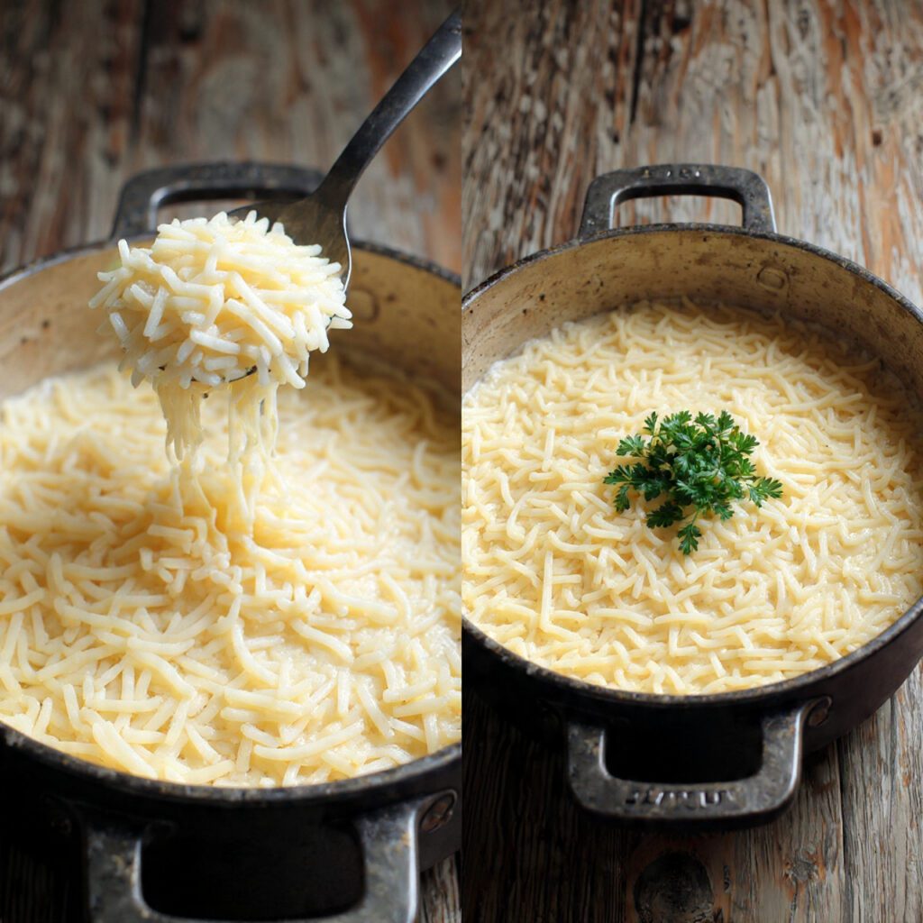 A diptych showing two views of the finished dish: a close-up scoop of the cheesy rice and a full pot ready for serving.