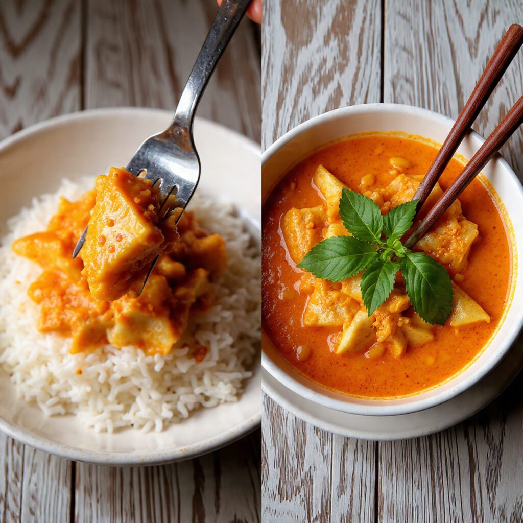 A diptych showing two views of the finished dish: a close-up scoop of the creamy sauce over rice and a full bowl garnished with basil and cilantro.