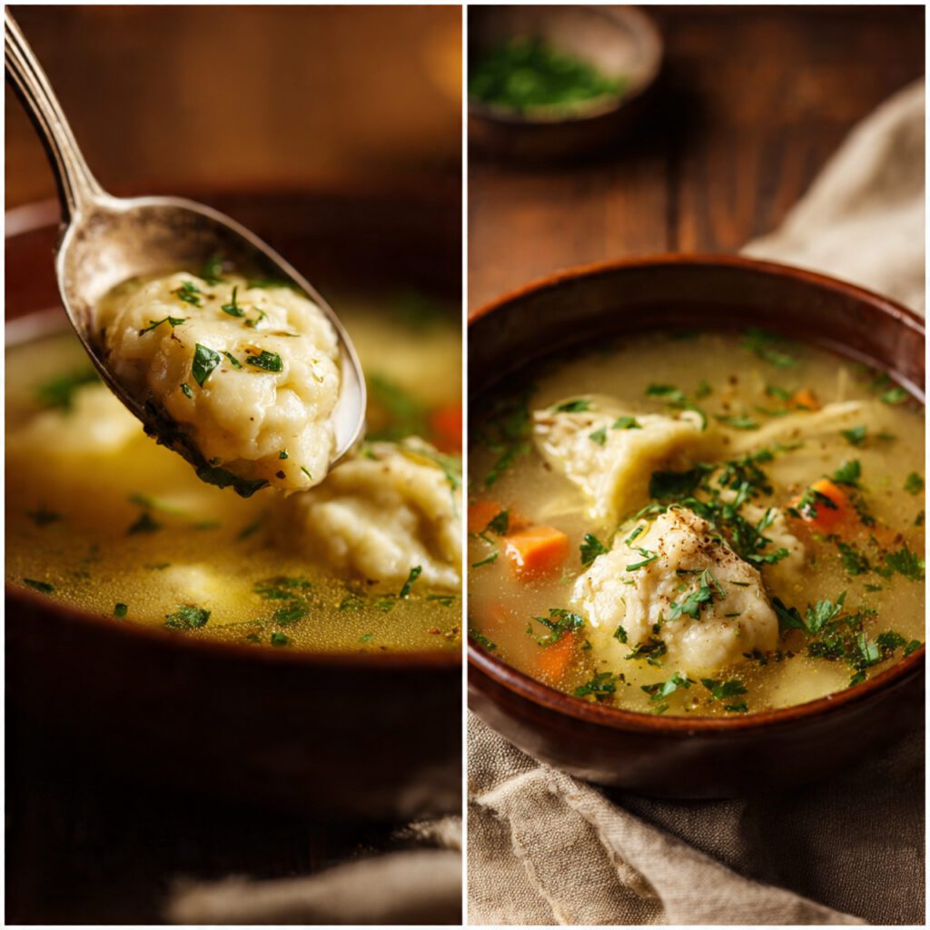 A diptych image of the finished chicken and dumpling soup: The left image is an extreme close-up of a rustic spoon lifting a perfectly fluffy dumpling and rich broth from the bowl. The right image is a full bowl of the soup, garnished with fresh parsley, placed on a wooden table next to a cozy blanket. Warm, soft lighting.