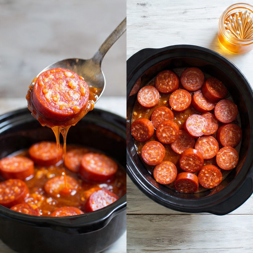 A diptych showing two views of the finished dish: a close-up scoop of the sticky bites and a full slow cooker insert ready for serving with toothpicks.